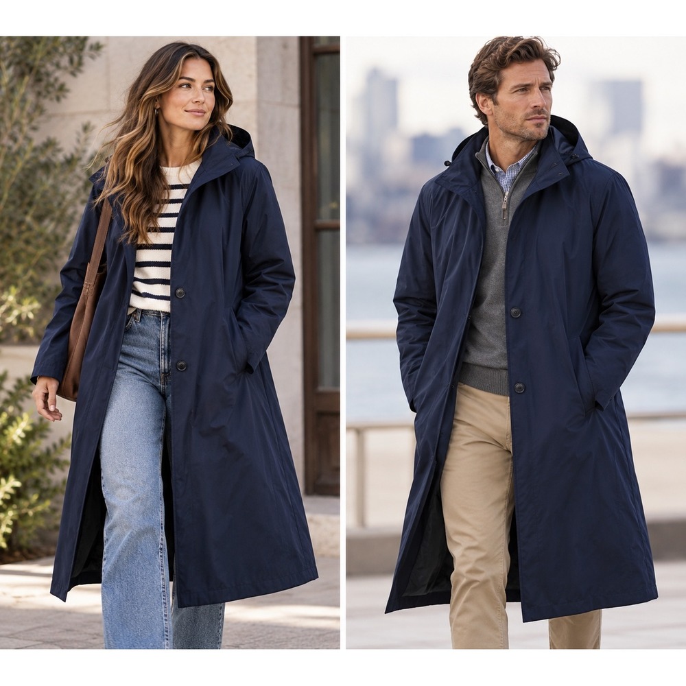 VINTAGE London Fog Navy Blue Hooded Trench Coat Water Repellent Rain Unisex M